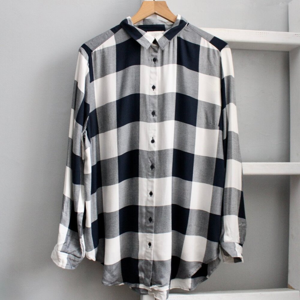 The Loft Black White Plaid Viscose Long Sleeve Button-Up Shirt Size XL NWT